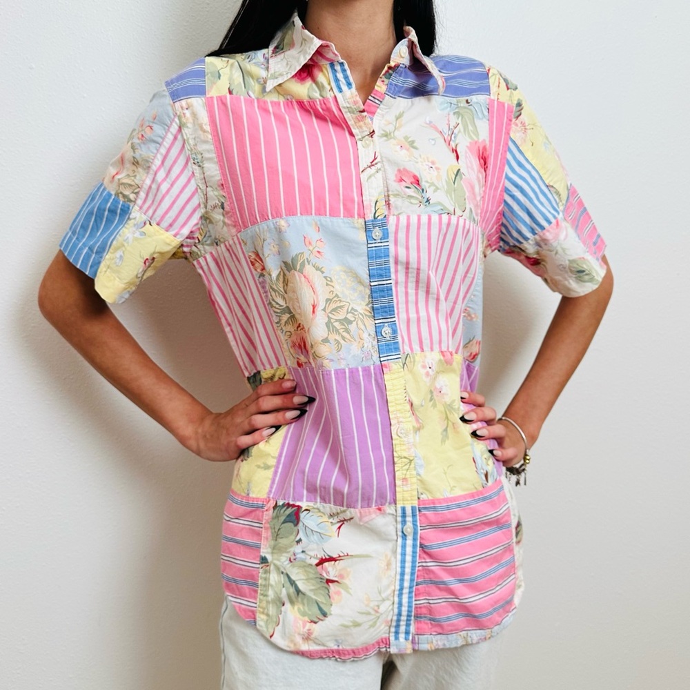 Vintage Ralph Lauren Patchwork Button-Up Shirt Floral Striped Boho - Picture 2 of 9